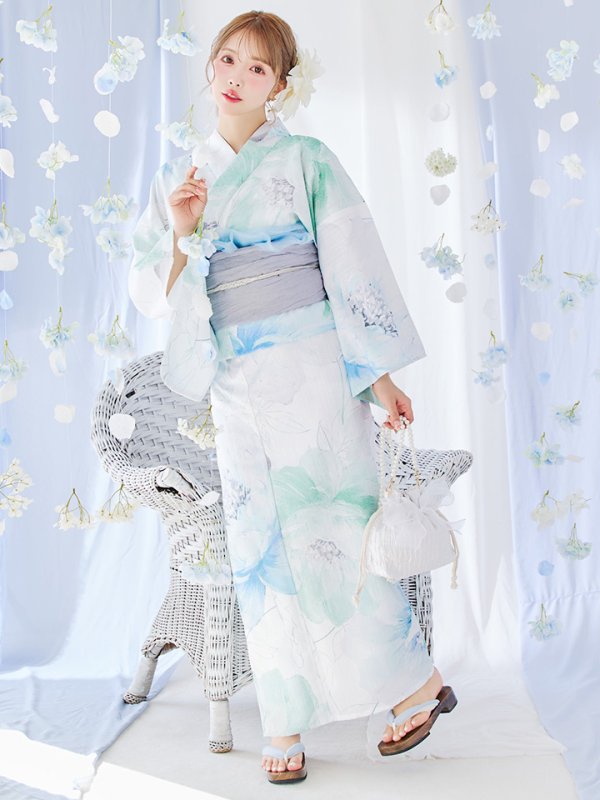 画像11: 【即日発送】【浴衣セール！】大柄アイシーミントフラワー浴衣【浴衣３点セット 浴衣/帯/下駄】[YMT] (11)