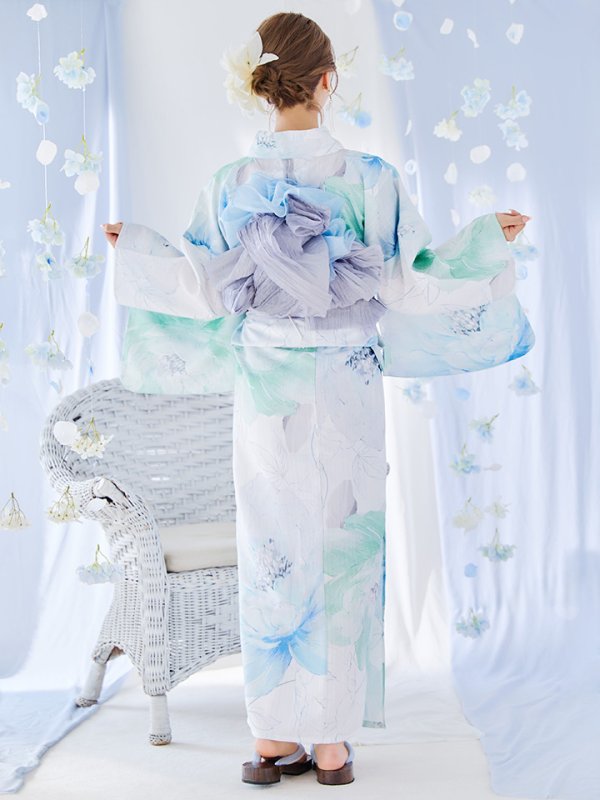 画像12: 【即日発送】【浴衣セール！】大柄アイシーミントフラワー浴衣【浴衣３点セット 浴衣/帯/下駄】[YMT] (12)