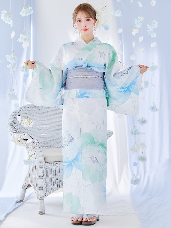 画像4: 【即日発送】【浴衣セール！】大柄アイシーミントフラワー浴衣【浴衣３点セット 浴衣/帯/下駄】[YMT] (4)