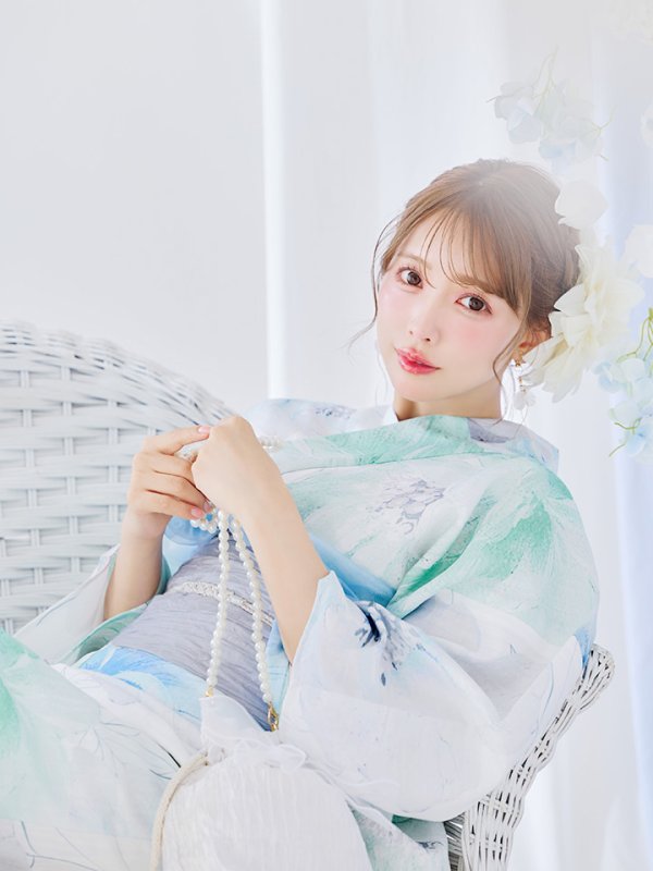 画像5: 【即日発送】【浴衣セール！】大柄アイシーミントフラワー浴衣【浴衣３点セット 浴衣/帯/下駄】[YMT] (5)