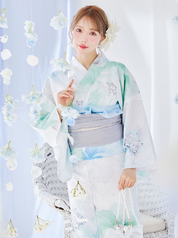 画像8: 【即日発送】【浴衣セール！】大柄アイシーミントフラワー浴衣【浴衣３点セット 浴衣/帯/下駄】[YMT] (8)