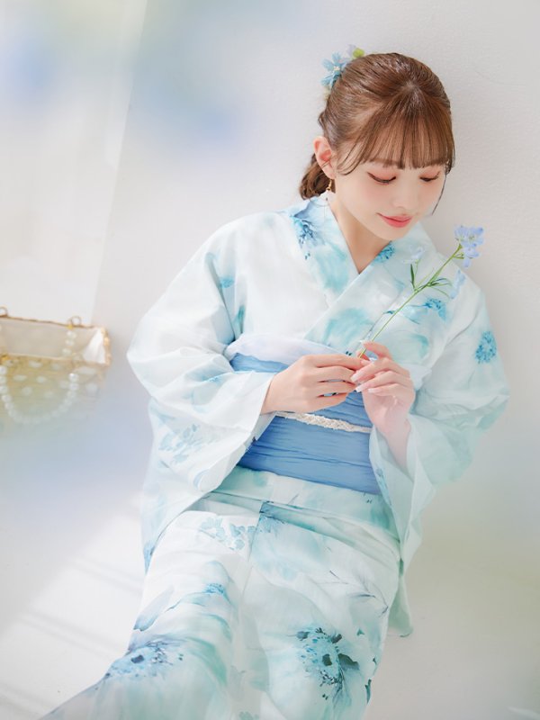 画像3: 【即日発送】ブルーグレイニュアンスフラワー浴衣【浴衣３点セット 浴衣/帯/下駄】[YMT] (3)
