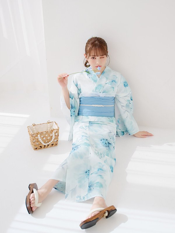 画像14: 【即日発送】ブルーグレイニュアンスフラワー浴衣【浴衣３点セット 浴衣/帯/下駄】[YMT] (14)