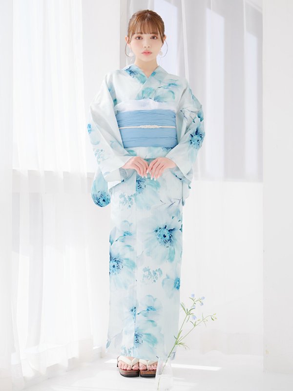 画像9: 【即日発送】ブルーグレイニュアンスフラワー浴衣【浴衣３点セット 浴衣/帯/下駄】[YMT] (9)