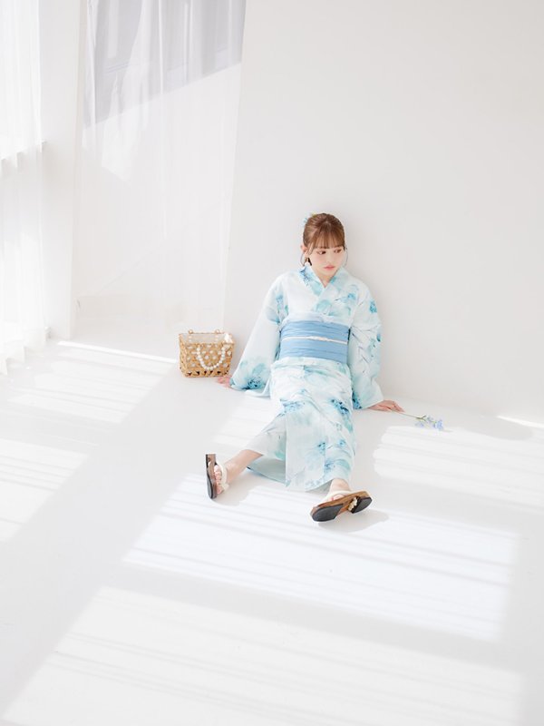 画像13: 【即日発送】ブルーグレイニュアンスフラワー浴衣【浴衣３点セット 浴衣/帯/下駄】[YMT] (13)