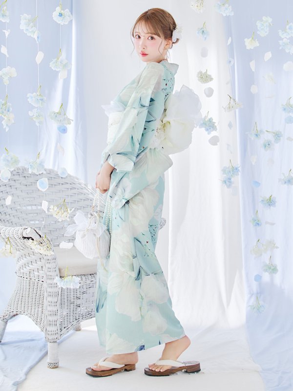 画像12: 【即日発送】洋モダンミントグリーン浴衣【浴衣３点セット 浴衣/帯/下駄】[YMT] (12)