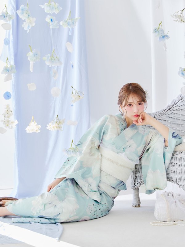 画像2: 【即日発送】洋モダンミントグリーン浴衣【浴衣３点セット 浴衣/帯/下駄】[YMT] (2)