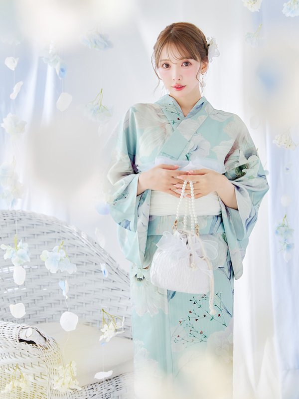 画像9: 【即日発送】洋モダンミントグリーン浴衣【浴衣３点セット 浴衣/帯/下駄】[YMT] (9)