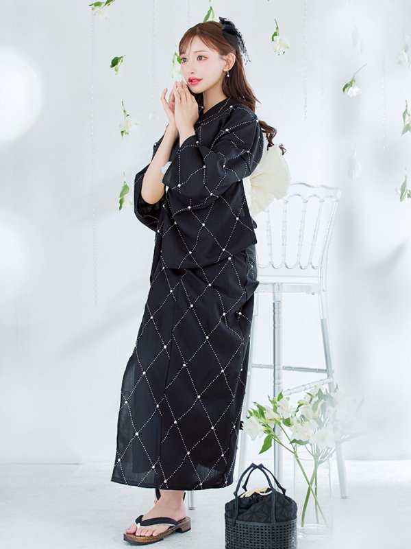 画像10: 【即日発送】アーガイルビジュー浴衣【浴衣３点セット 浴衣/帯/下駄】[YMT] (10)