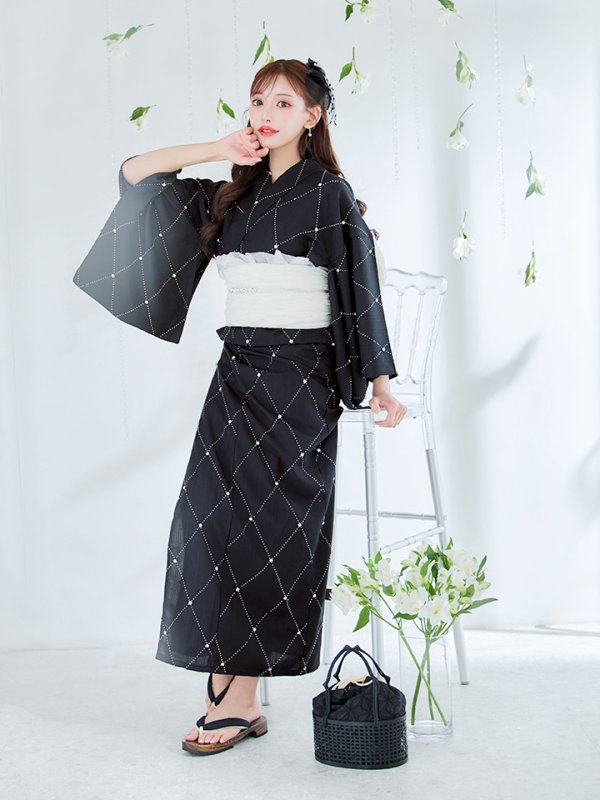 画像12: 【即日発送】アーガイルビジュー浴衣【浴衣３点セット 浴衣/帯/下駄】[YMT] (12)