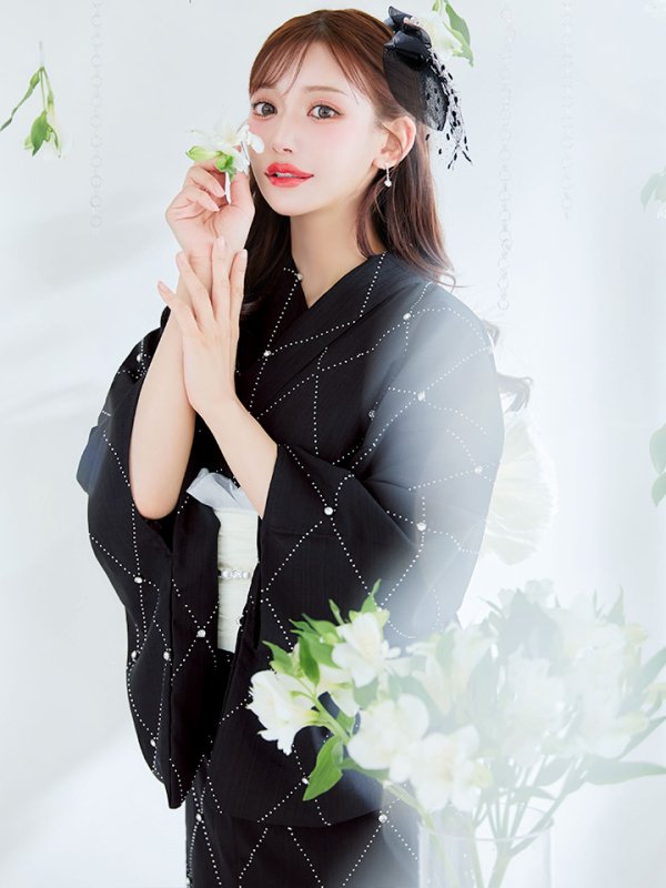 画像2: 【即日発送】アーガイルビジュー浴衣【浴衣３点セット 浴衣/帯/下駄】[YMT] (2)