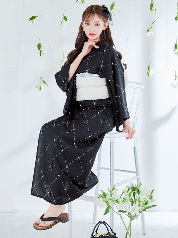画像1: アーガイルビジュー浴衣【浴衣３点セット 浴衣/帯/下駄】OBI-siwa-200-kj-13-OW / HIMO-906-yn-PEARL / HEKO-800-sb-5-W / YA-1080-kj-B / GETA-01-kj-1-B/ [YMT] (1)