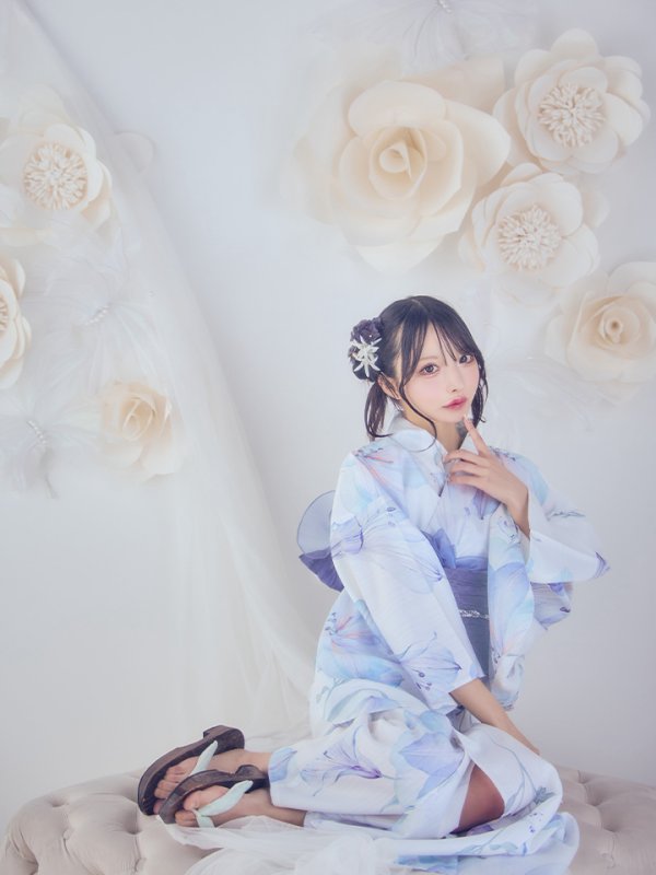 画像3: 【即日発送】【浴衣セール！】水彩百合ナチュラルブルー浴衣【浴衣３点セット 浴衣/帯/下駄】[YMT] (3)