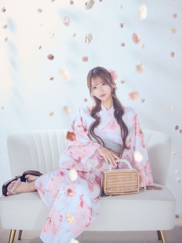 画像2: 【即日発送】ニュアンスピンク水彩朝顔浴衣 【浴衣3点セット 浴衣/帯/下駄】[OF04] (2)