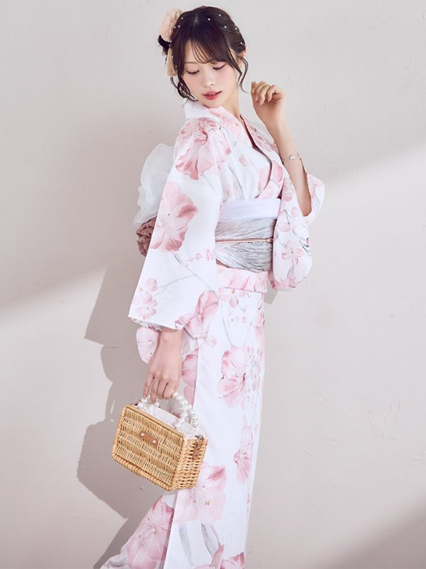 画像2: 【即日発送】ニュアンスピンク水彩朝顔浴衣 【浴衣3点セット 浴衣/帯/下駄】[OF04] (2)