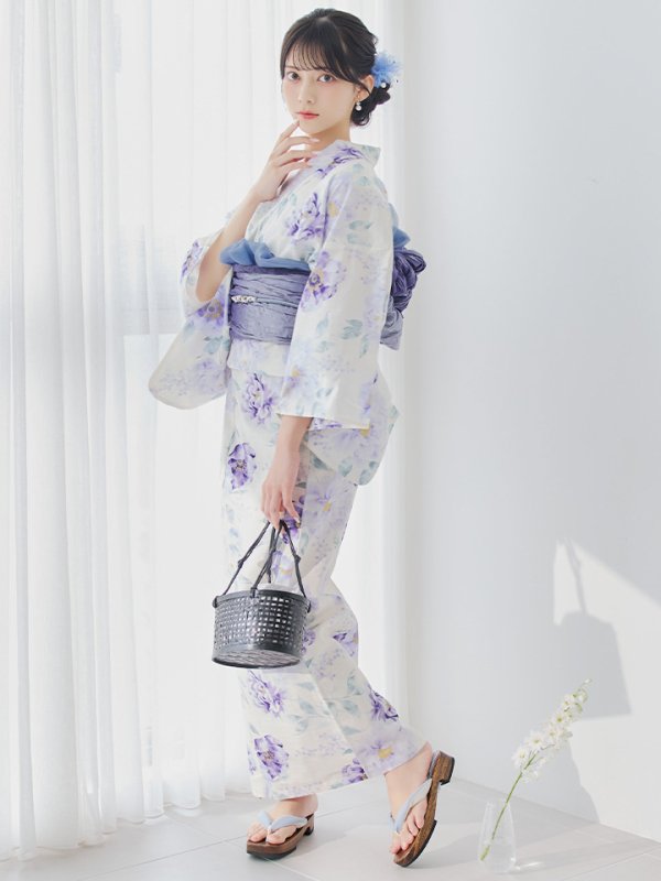 画像11: 【即日発送】水彩紫牡丹柄浴衣【浴衣３点セット 浴衣/帯/下駄】[YMT] (11)