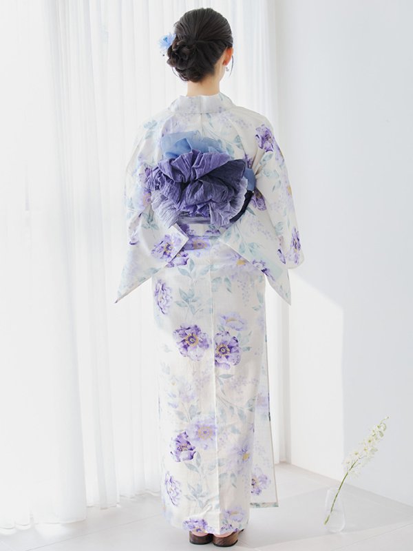 画像14: 【即日発送】水彩紫牡丹柄浴衣【浴衣３点セット 浴衣/帯/下駄】[YMT] (14)