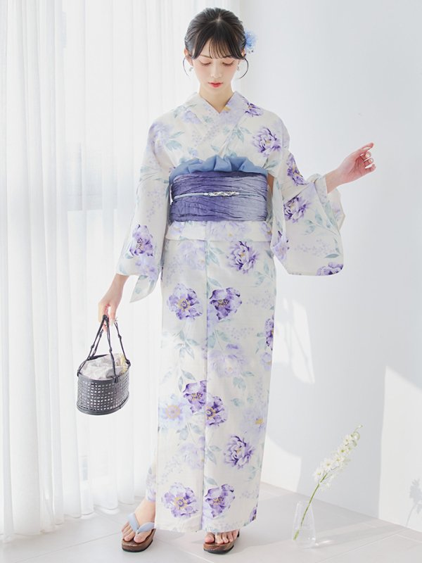 画像4: 【即日発送】水彩紫牡丹柄浴衣【浴衣３点セット 浴衣/帯/下駄】[YMT] (4)