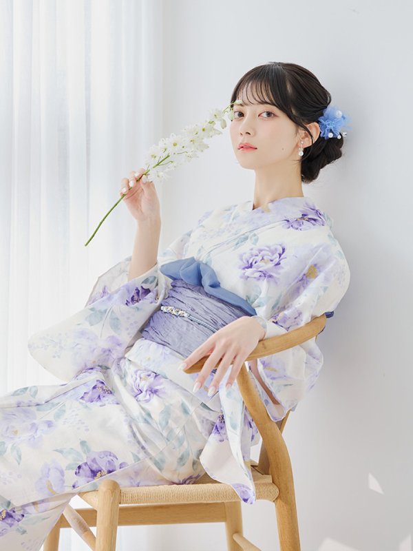 画像6: 【即日発送】水彩紫牡丹柄浴衣【浴衣３点セット 浴衣/帯/下駄】[YMT] (6)