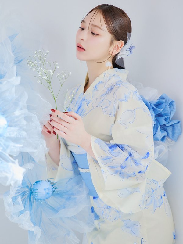 画像9: 【即日発送】グラデーションブルー牡丹和モダン浴衣【浴衣３点セット 浴衣/帯/下駄】[YMT] (9)