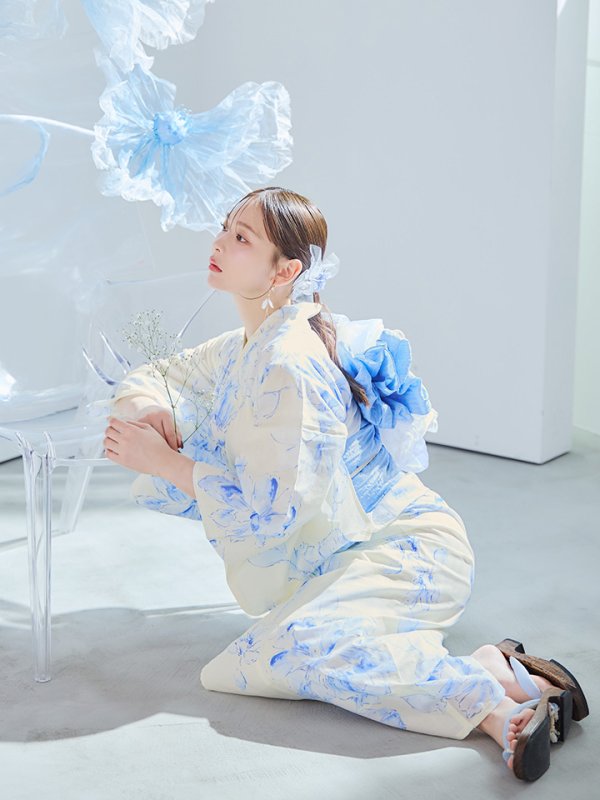 画像2: 【即日発送】グラデーションブルー牡丹和モダン浴衣【浴衣３点セット 浴衣/帯/下駄】[YMT] (2)