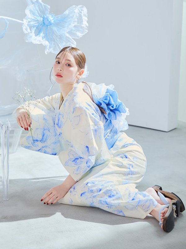 画像12: 【即日発送】グラデーションブルー牡丹和モダン浴衣【浴衣３点セット 浴衣/帯/下駄】[YMT] (12)