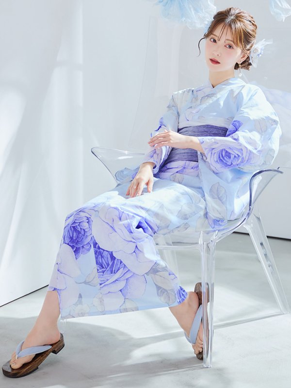 画像2: 【即日発送】アンティークブルーローズ浴衣【浴衣３点セット 浴衣/帯/下駄】[YMT] (2)