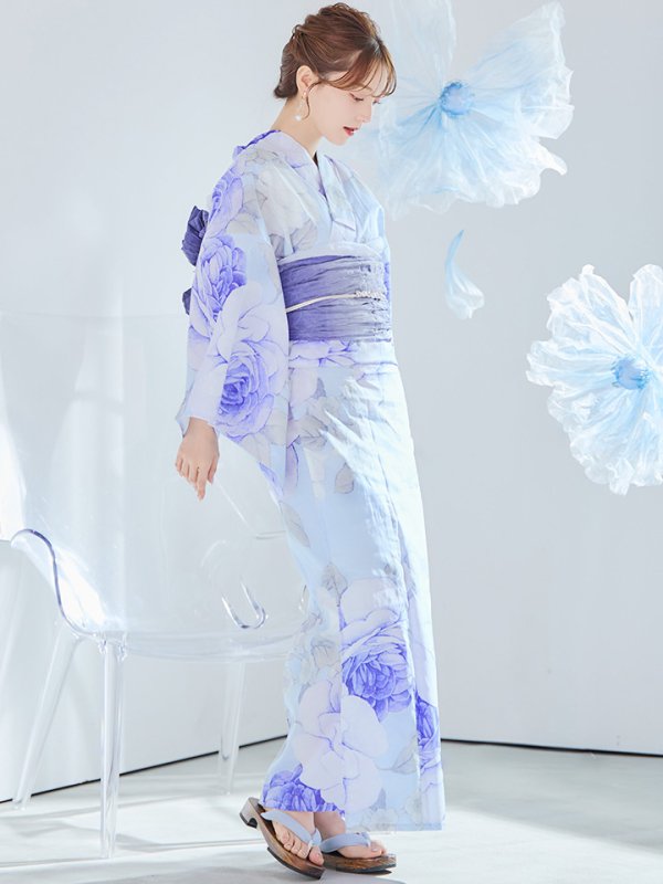 画像3: 【即日発送】アンティークブルーローズ浴衣【浴衣３点セット 浴衣/帯/下駄】[YMT] (3)