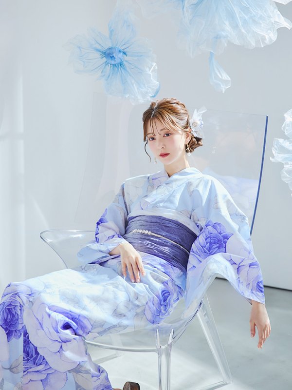 画像5: 【即日発送】アンティークブルーローズ浴衣【浴衣３点セット 浴衣/帯/下駄】[YMT] (5)