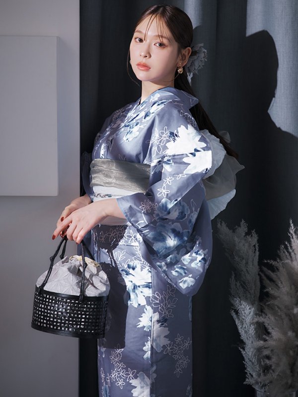 画像3: 【即日発送】グレイ×モードフラワー浴衣【浴衣３点セット 浴衣/帯/下駄】[YMT] (3)