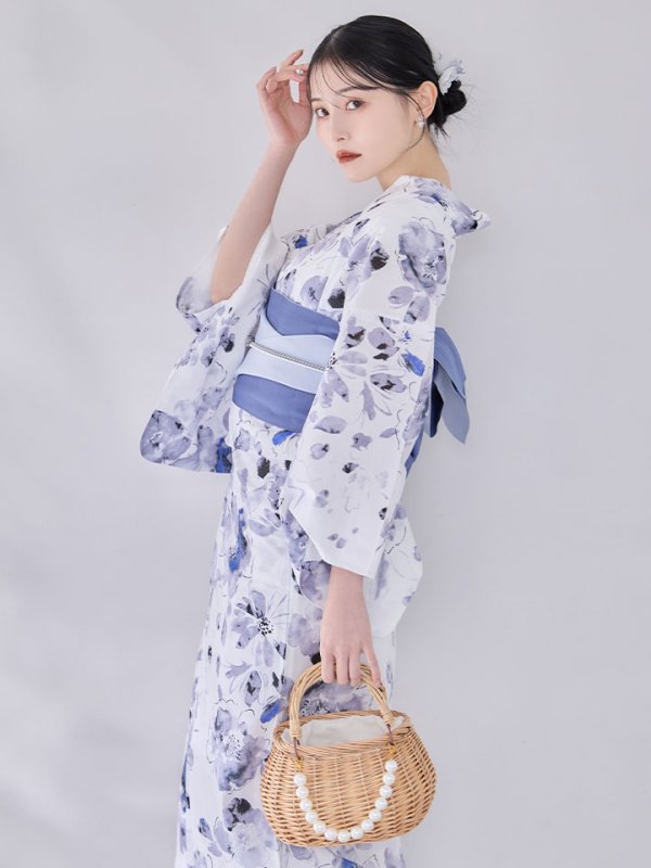 画像2: 【即日発送】水墨ニュアンスフラワー浴衣【浴衣３点セット 浴衣/帯/下駄】[OF04/HC03] (2)