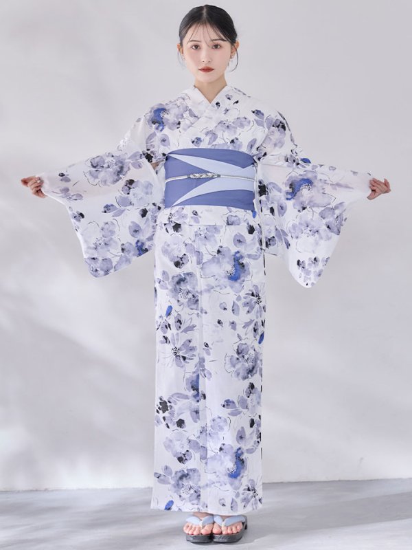画像4: 【即日発送】水墨ニュアンスフラワー浴衣【浴衣３点セット 浴衣/帯/下駄】[OF04/HC03] (4)