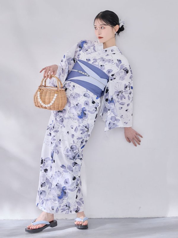 画像8: 【即日発送】水墨ニュアンスフラワー浴衣【浴衣３点セット 浴衣/帯/下駄】[OF04/HC03] (8)