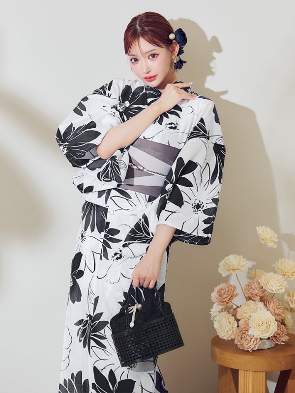 画像10: 【即日発送】モノトーンフラワーレトロモダン浴衣【浴衣３点セット 浴衣/帯/下駄】[YMT] (10)