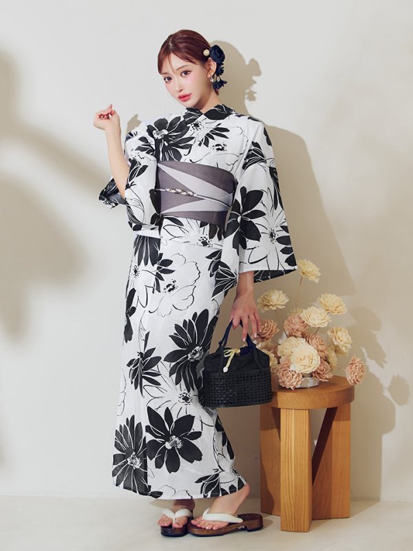 画像15: 【即日発送】モノトーンフラワーレトロモダン浴衣【浴衣３点セット 浴衣/帯/下駄】[YMT] (15)