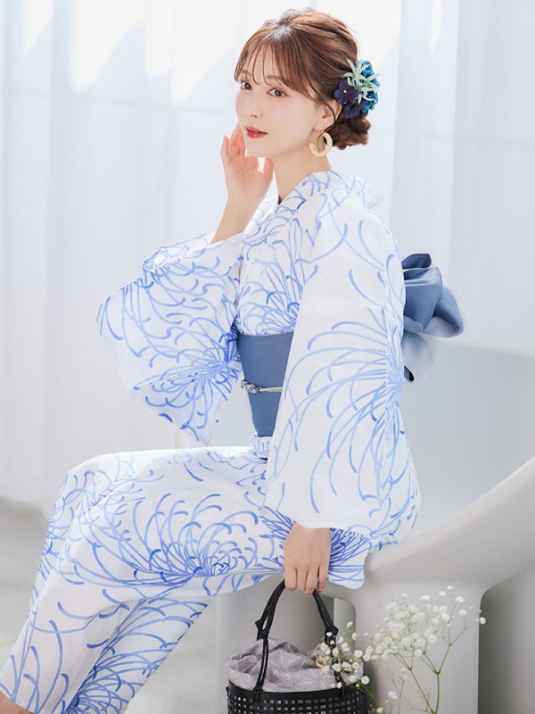 画像2: 【即日発送】白菊月の古典浴衣【浴衣３点セット 浴衣/帯/下駄】[YMT] (2)