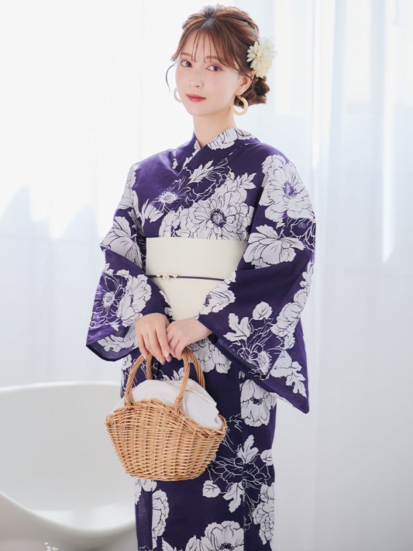 画像2: 【即日発送】スタイリッシュ牡丹モダン浴衣【浴衣３点セット 浴衣/帯/下駄】[YMT] (2)