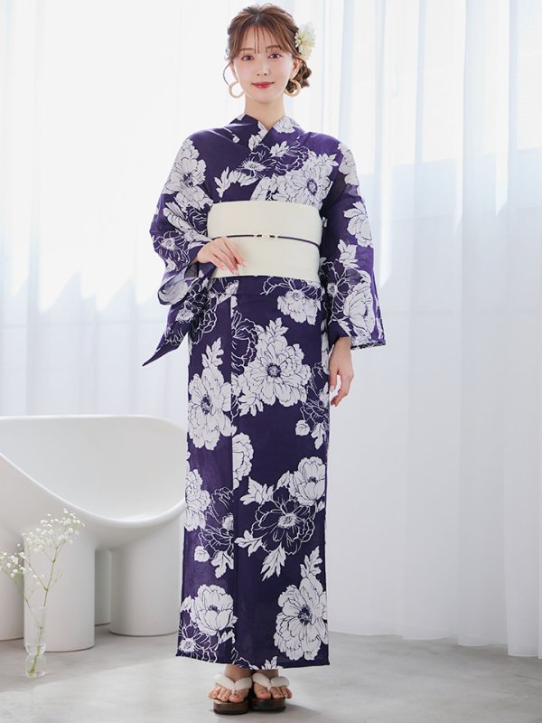 画像4: 【即日発送】スタイリッシュ牡丹モダン浴衣【浴衣３点セット 浴衣/帯/下駄】[YMT] (4)