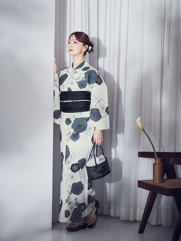 画像14: 梅柄藍鼠色浴衣【浴衣３点セット 浴衣/帯/下駄】OBI-siwa-204-wk-1-B / HIMO-900-yn-3-GYxGD / YA-1072-kn-B / GETA-02-ok-4-MOC / [YMT] (14)