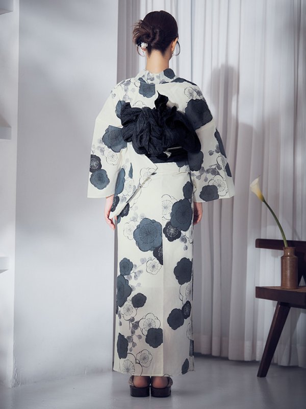 画像15: 梅柄藍鼠色浴衣【浴衣３点セット 浴衣/帯/下駄】OBI-siwa-204-wk-1-B / HIMO-900-yn-3-GYxGD / YA-1072-kn-B / GETA-02-ok-4-MOC / [YMT] (15)