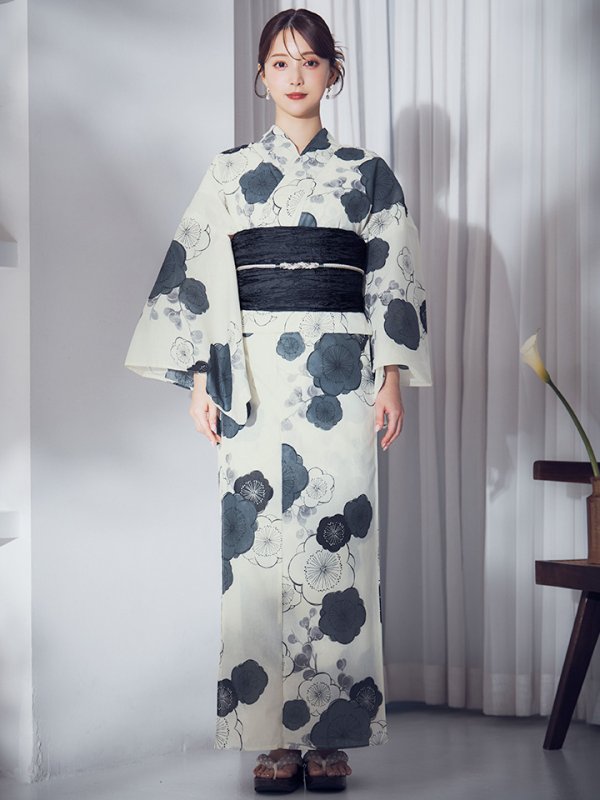 画像4: 梅柄藍鼠色浴衣【浴衣３点セット 浴衣/帯/下駄】OBI-siwa-204-wk-1-B / HIMO-900-yn-3-GYxGD / YA-1072-kn-B / GETA-02-ok-4-MOC / [YMT] (4)