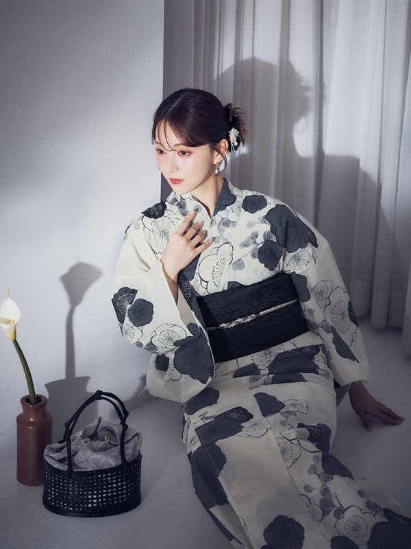 画像5: 梅柄藍鼠色浴衣【浴衣３点セット 浴衣/帯/下駄】OBI-siwa-204-wk-1-B / HIMO-900-yn-3-GYxGD / YA-1072-kn-B / GETA-02-ok-4-MOC / [YMT] (5)