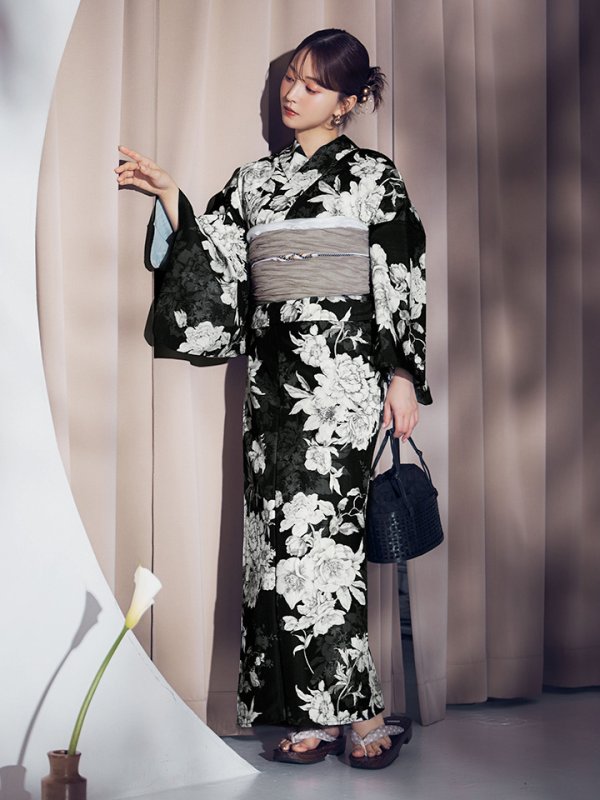 画像12: 【即日発送】ブラック線画フラワー浴衣【浴衣３点セット 浴衣/帯/下駄】[OF04] (12)