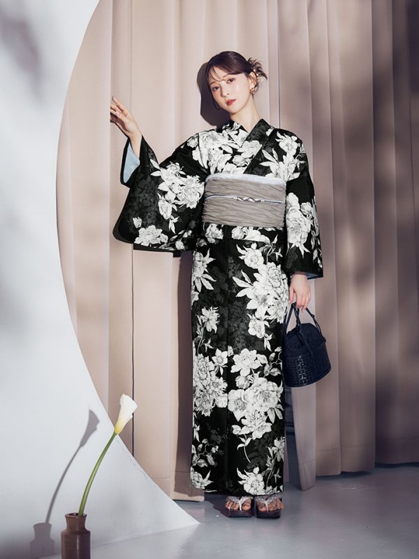 画像13: 【即日発送】ブラック線画フラワー浴衣【浴衣３点セット 浴衣/帯/下駄】[OF04] (13)