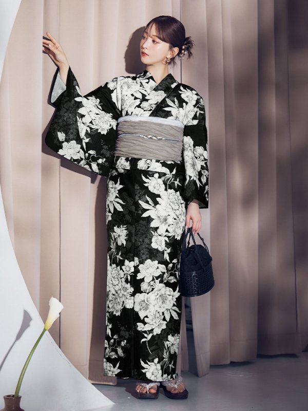 画像5: 【即日発送】ブラック線画フラワー浴衣【浴衣３点セット 浴衣/帯/下駄】[OF04] (5)