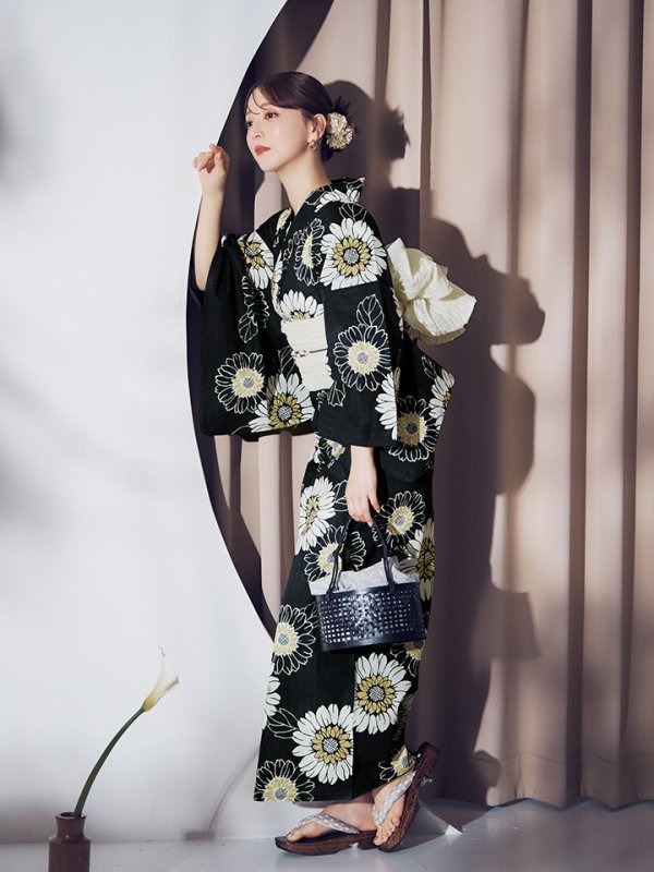 画像16: 【即日発送】【NIGHTS掲載】向日葵柄黒色浴衣【浴衣３点セット 浴衣/帯/下駄】[OF04] (16)