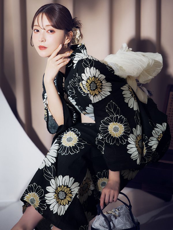 画像6: 【即日発送】【NIGHTS掲載】向日葵柄黒色浴衣【浴衣３点セット 浴衣/帯/下駄】[OF04] (6)