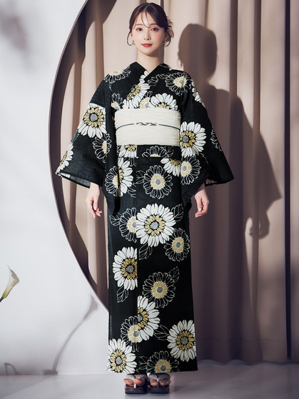 画像8: 【即日発送】【NIGHTS掲載】向日葵柄黒色浴衣【浴衣３点セット 浴衣/帯/下駄】[OF04] (8)