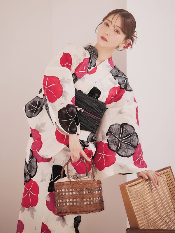 画像10: 【即日発送】紅色と黒の朝顔柄浴衣 【浴衣3点セット 浴衣/帯/下駄】 [YMT/o] (10)