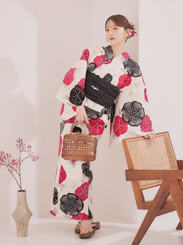 画像11: 【即日発送】紅色と黒の朝顔柄浴衣 【浴衣3点セット 浴衣/帯/下駄】 [YMT/o] (11)